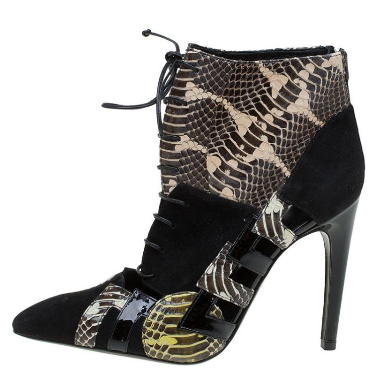 Pre Owned Bottega Veneta Black Suede and Python Lace Up Ankle Boots Size 37