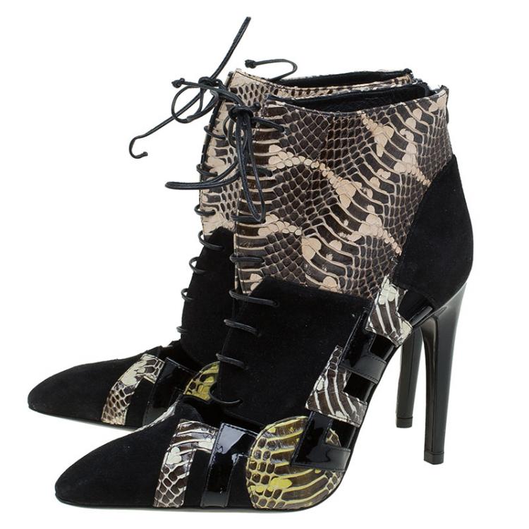 Pre Owned Bottega Veneta Black Suede and Python Lace Up Ankle Boots Size 37