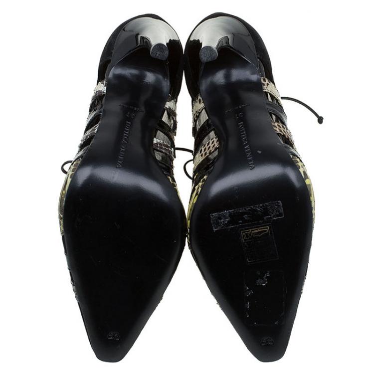 Pre Owned Bottega Veneta Black Suede and Python Lace Up Ankle Boots Size 37