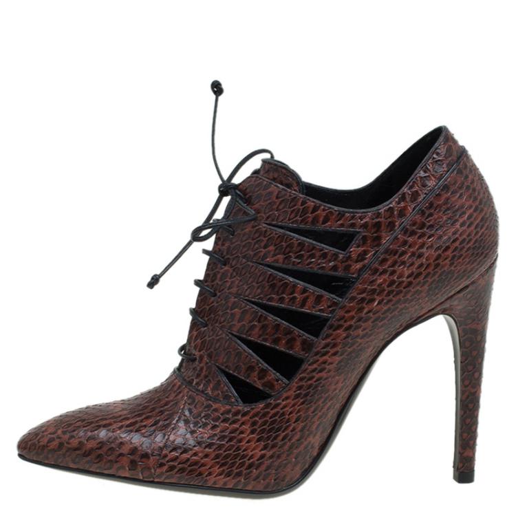 Pre Owned Bottega Veneta Brown Python Cutout Lace-Up Ankle Boots Size 37