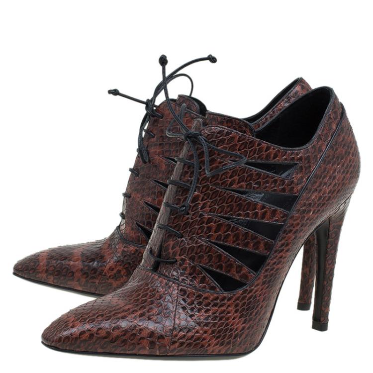 Pre Owned Bottega Veneta Brown Python Cutout Lace-Up Ankle Boots Size 37