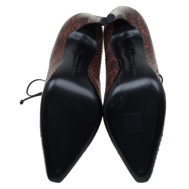 Pre Owned Bottega Veneta Brown Python Cutout Lace-Up Ankle Boots Size 37