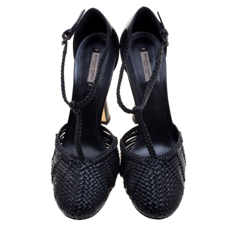 Pre Owned Bottega Veneta Black Woven Leather T- Strap Pumps Size 39.5