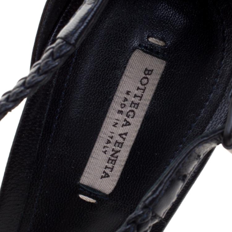 Pre Owned Bottega Veneta Black Woven Leather T- Strap Pumps Size 39.5