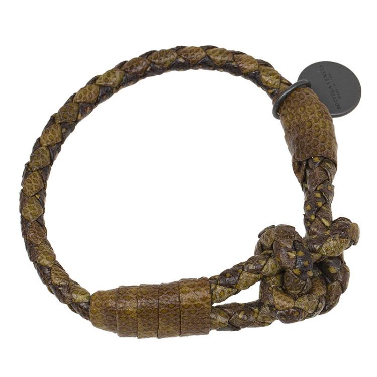 Pre Owned Bottega Veneta Olive Intrecciato Leather Bracelet 17cm