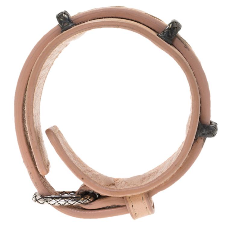 Pre Owned Bottega Veneta Intrecciato Cream Leather Cuff Bracelet S