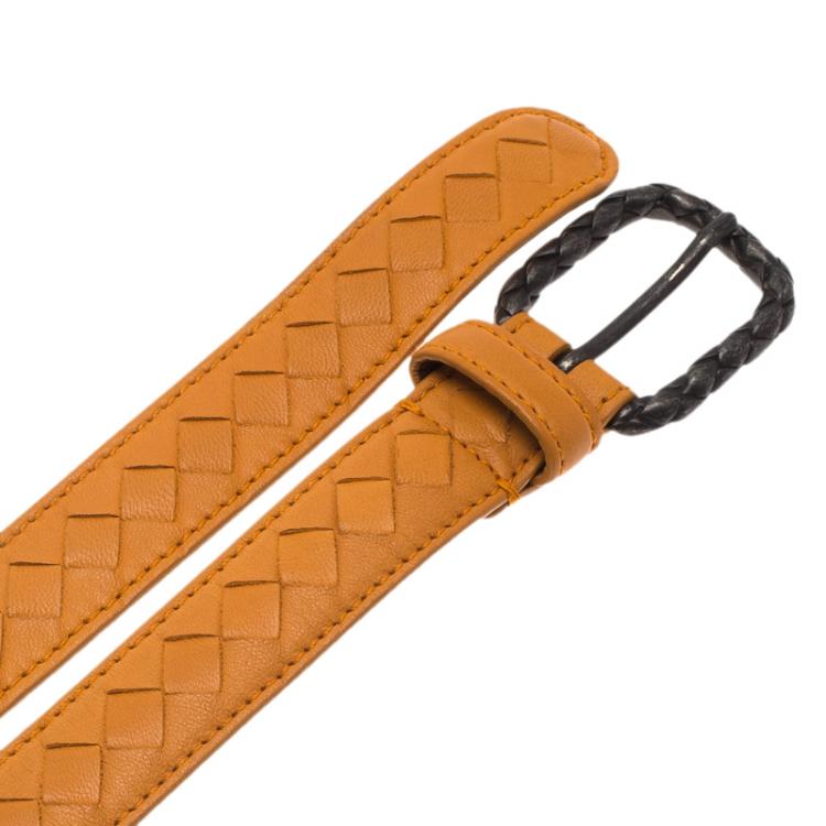 Pre Owned Bottega Veneta Orange Leather Intrecciato Belt Size 90 CM