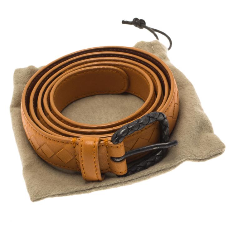 Pre Owned Bottega Veneta Orange Leather Intrecciato Belt Size 90 CM