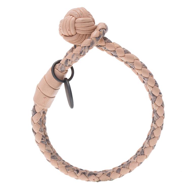 Pre Owned Bottega Veneta Intrecciato Nappa & Ayers Peach Pink and Grey Double Strand Leather Bracelet 17cm