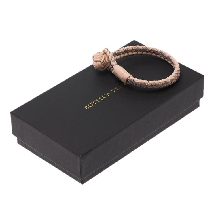 Pre Owned Bottega Veneta Intrecciato Nappa & Ayers Peach Pink and Grey Double Strand Leather Bracelet 17cm