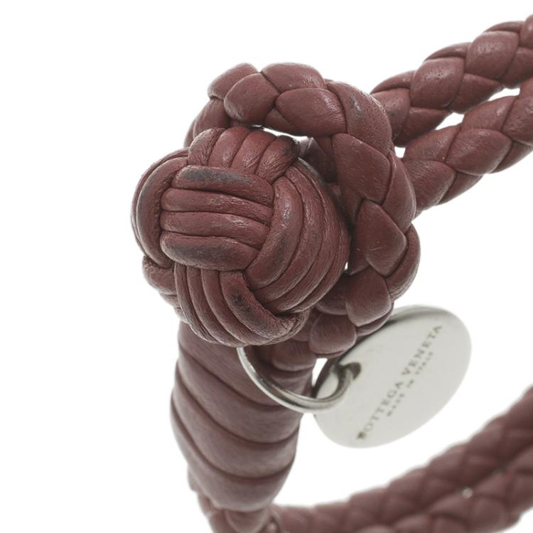 Pre Owned Bottega Veneta Intrecciato Nappa Burgundy Leather Double Strand Bracelet 16cm