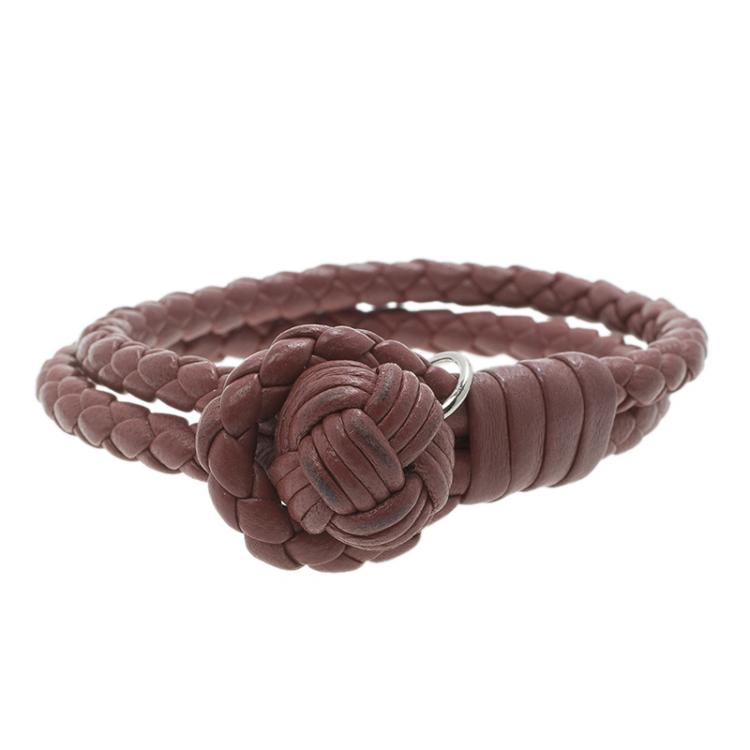 Pre Owned Bottega Veneta Intrecciato Nappa Burgundy Leather Double Strand Bracelet 16cm