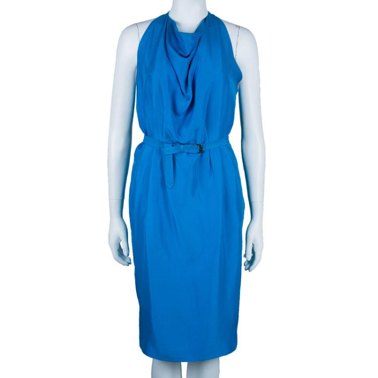 Pre Owned Bottega Veneta Blue Sleeveless Belted Dress S