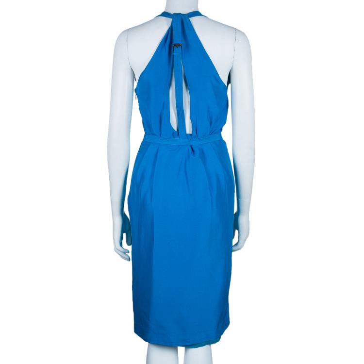 Pre Owned Bottega Veneta Blue Sleeveless Belted Dress S