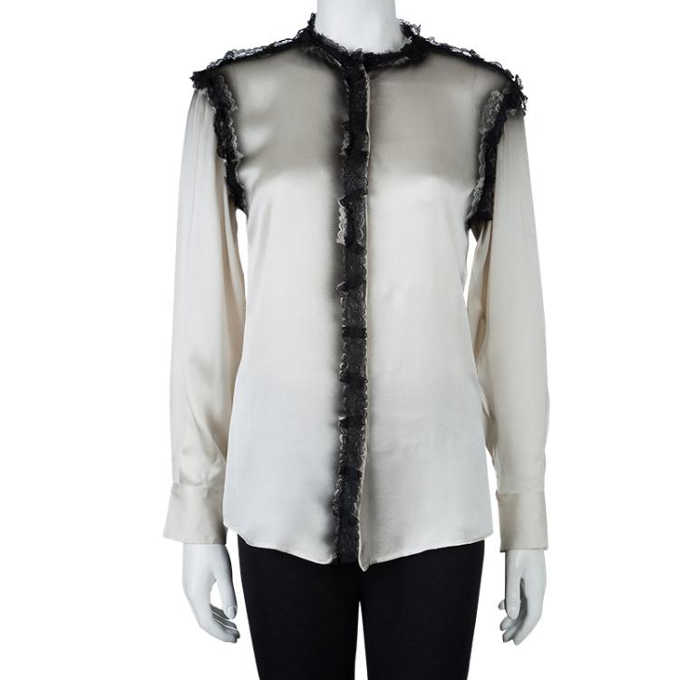Pre Owned Bottega Veneta Grey Printed Silk Lace Detail Long Sleeve Blouse  S