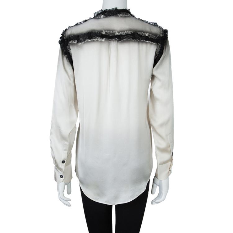 Pre Owned Bottega Veneta Grey Printed Silk Lace Detail Long Sleeve Blouse  S