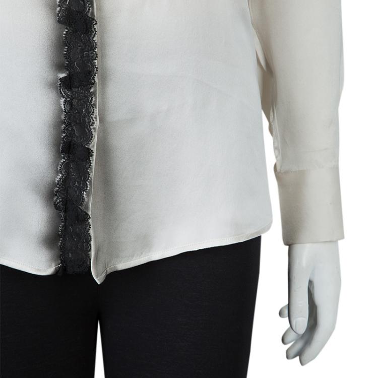 Pre Owned Bottega Veneta Grey Printed Silk Lace Detail Long Sleeve Blouse  S