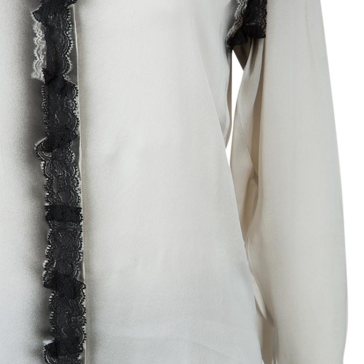 Pre Owned Bottega Veneta Grey Printed Silk Lace Detail Long Sleeve Blouse  S