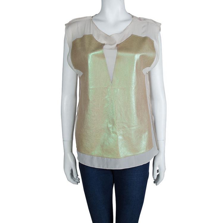 Pre Owned Bottega Veneta Beige Metallic Leather Panel Detail Sheer Sleeveless Top M