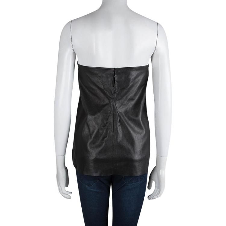 Pre Owned Bottega Veneta Black Draped Leather Strapless Top M