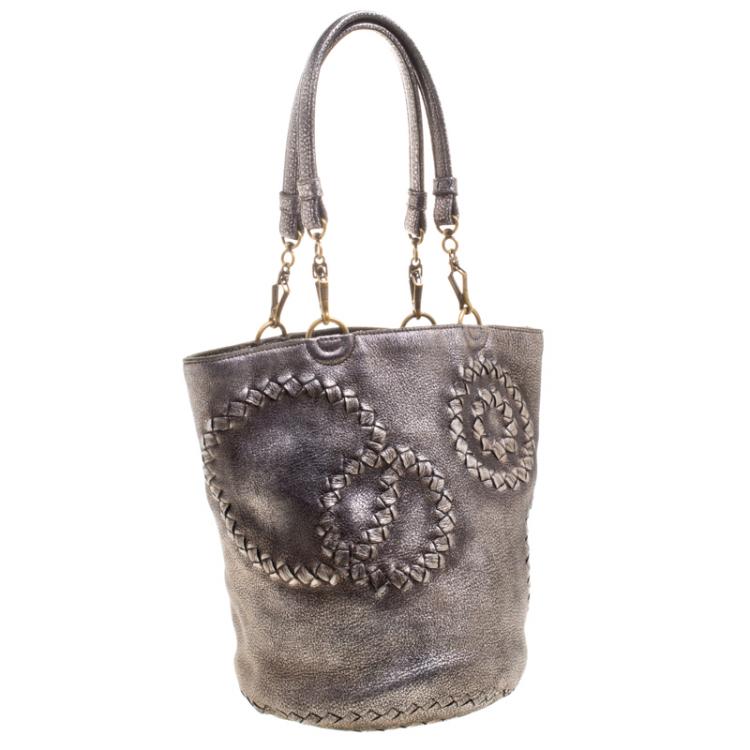 Pre Owned Bottega Veneta Metallic Silver Intrecciato Detail Cervo Leather Bucket Bag