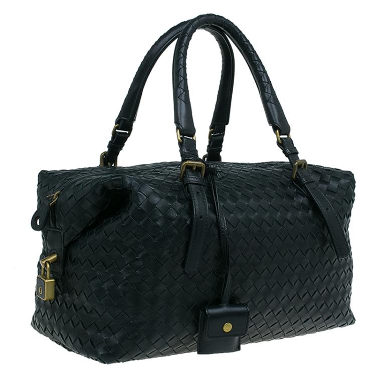 Pre Owned Bottega Veneta Black Intrecciato Leather Montaigne Satchel Bag