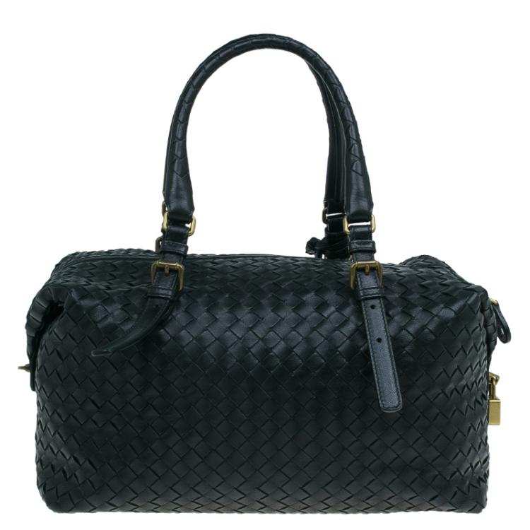Pre Owned Bottega Veneta Black Intrecciato Leather Montaigne Satchel Bag