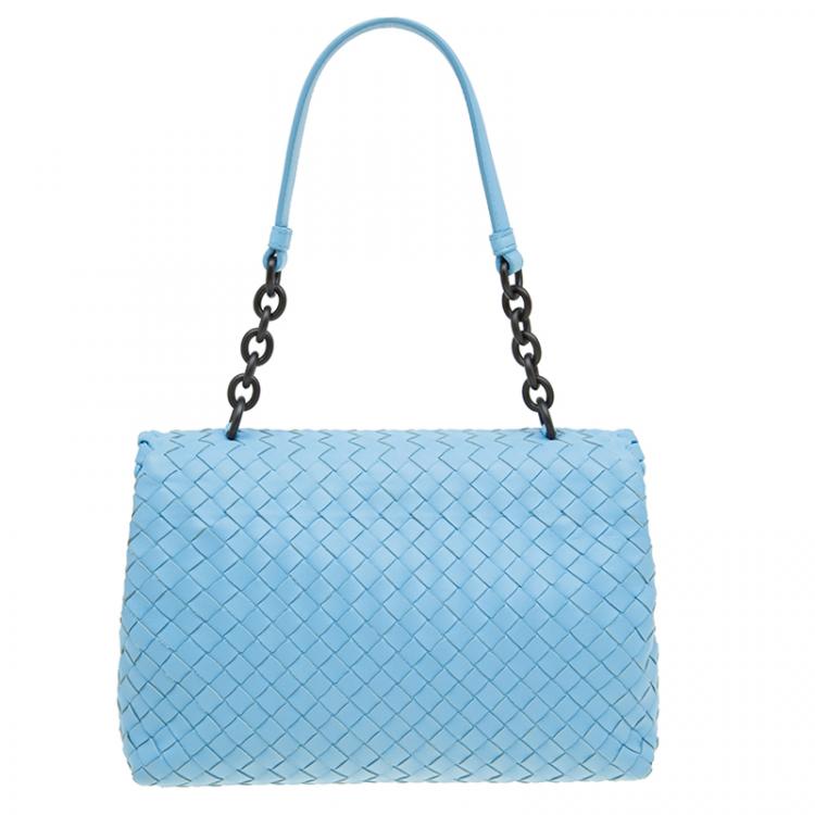 Pre Owned Bottega Veneta Baby Blue Intrecciato Leather Small Olimpia Top Handle Bag