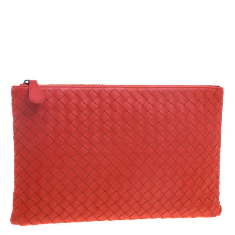 Pre Owned Bottega Veneta Red/Orange Intrecciato Woven Leather Medium Pouch