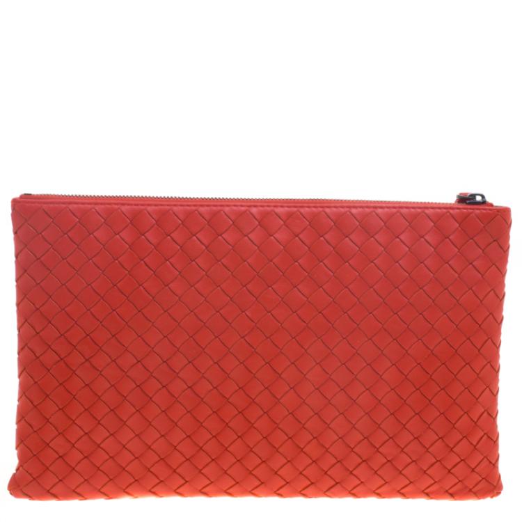 Pre Owned Bottega Veneta Red/Orange Intrecciato Woven Leather Medium Pouch