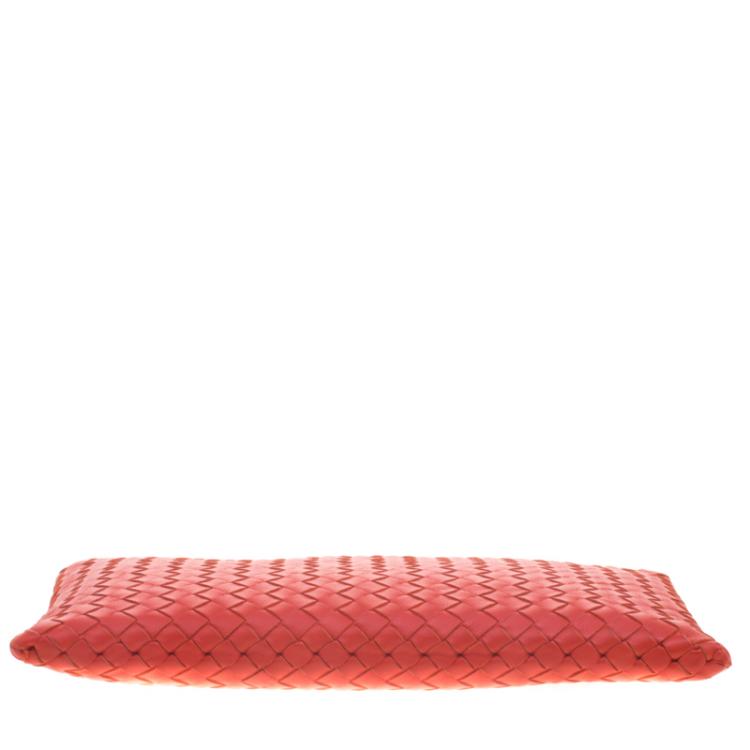 Pre Owned Bottega Veneta Red/Orange Intrecciato Woven Leather Medium Pouch
