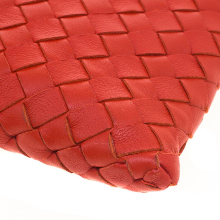 Pre Owned Bottega Veneta Red/Orange Intrecciato Woven Leather Medium Pouch