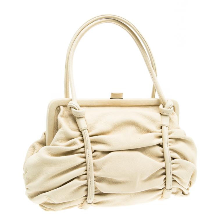 Pre Owned Bottega Veneta Cream Leather Ruched Bag