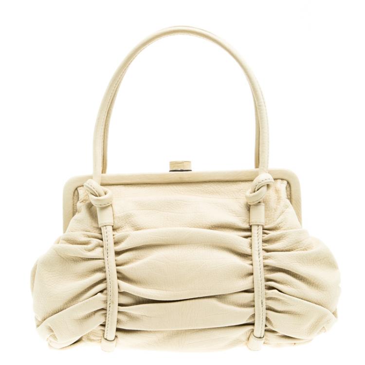 Pre Owned Bottega Veneta Cream Leather Ruched Bag