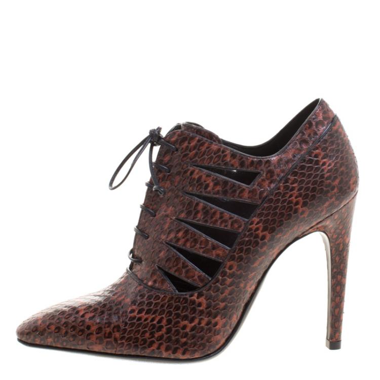 Pre Owned Bottega Veneta Burgundy Python Cutout Lace-Up Ankle Boots Size 36