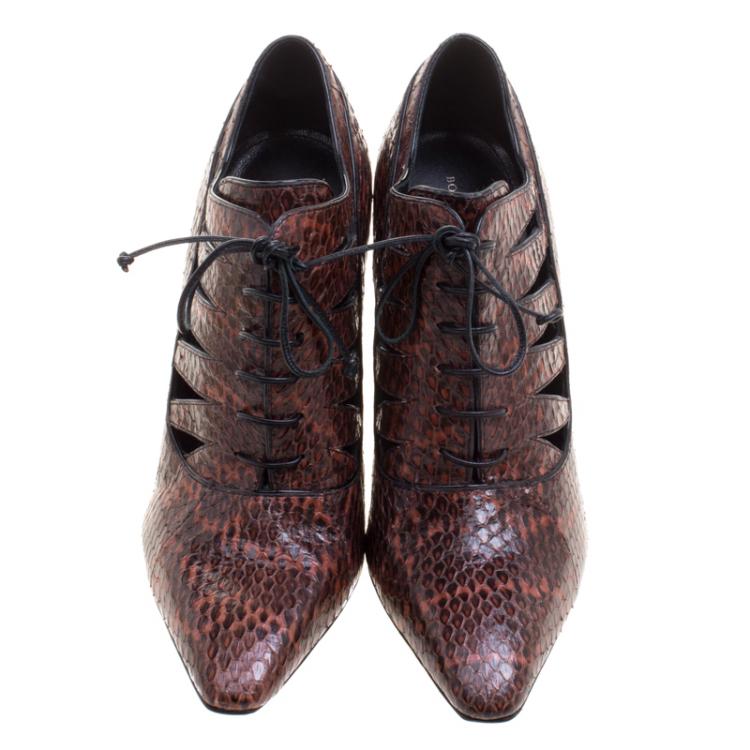 Pre Owned Bottega Veneta Burgundy Python Cutout Lace-Up Ankle Boots Size 36