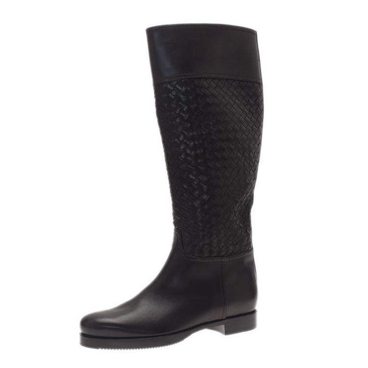 Pre Owned Bottega Veneta Brown Intrecciato Leather Boots Size 37
