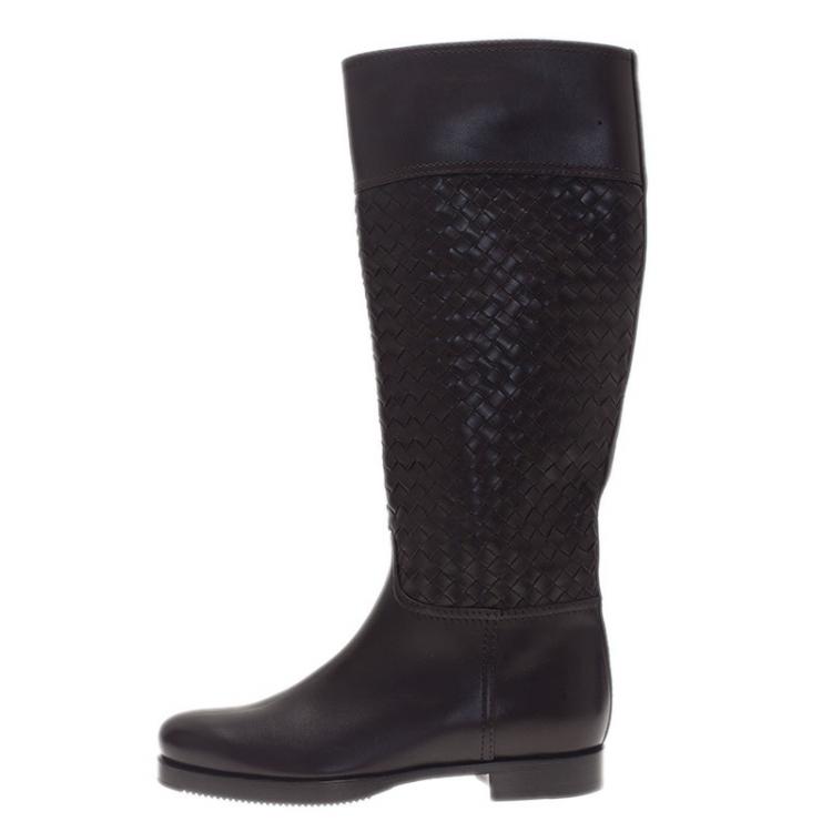Pre Owned Bottega Veneta Brown Intrecciato Leather Boots Size 37