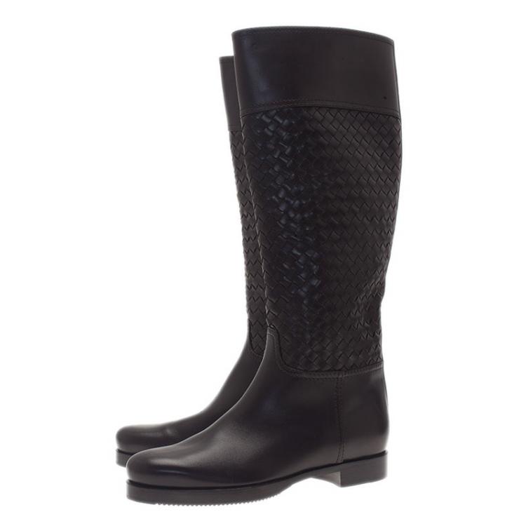Pre Owned Bottega Veneta Brown Intrecciato Leather Boots Size 37
