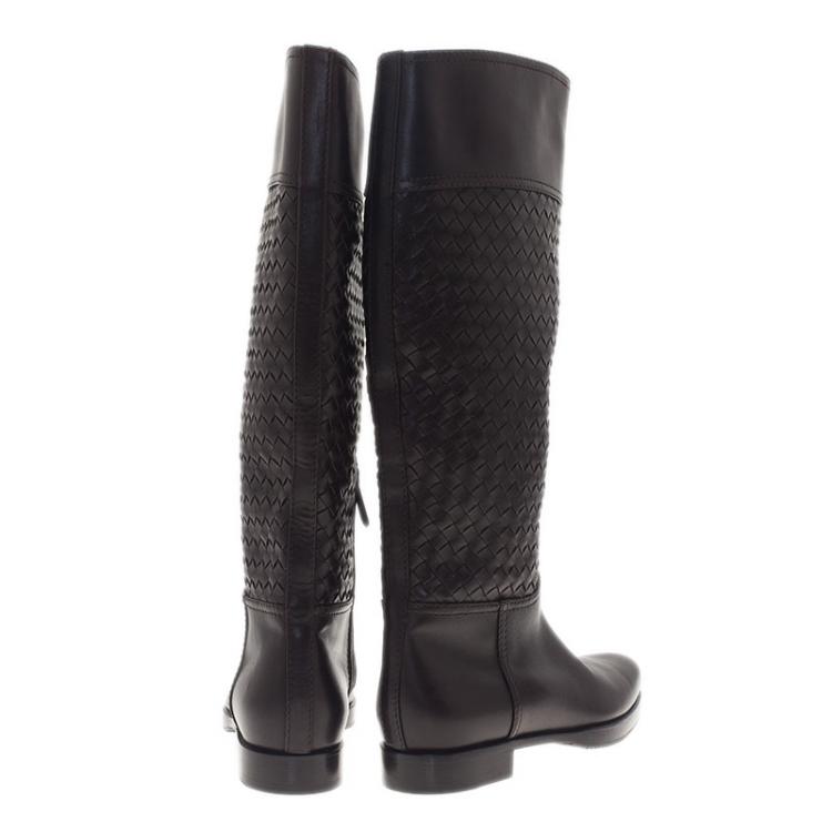Pre Owned Bottega Veneta Brown Intrecciato Leather Boots Size 37