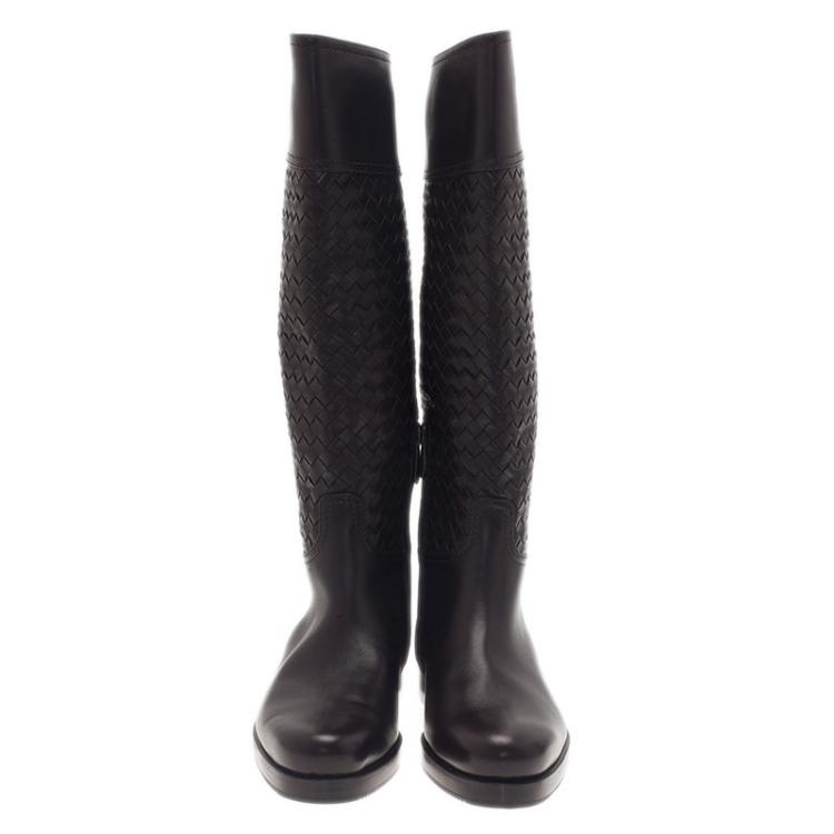Pre Owned Bottega Veneta Brown Intrecciato Leather Boots Size 37