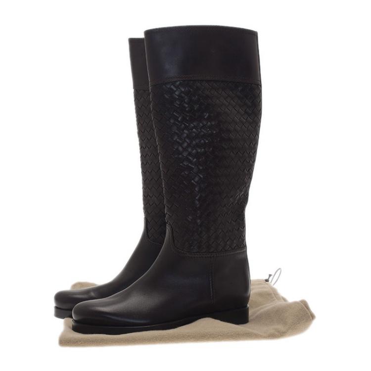 Pre Owned Bottega Veneta Brown Intrecciato Leather Boots Size 37