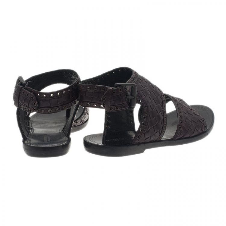 مملوكة مسبقًا Bottega Veneta Brown Intrecciato Leather Buckle Sandals Size 36.5 
