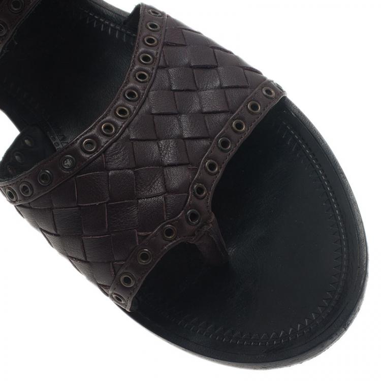 مملوكة مسبقًا Bottega Veneta Brown Intrecciato Leather Buckle Sandals Size 36.5 