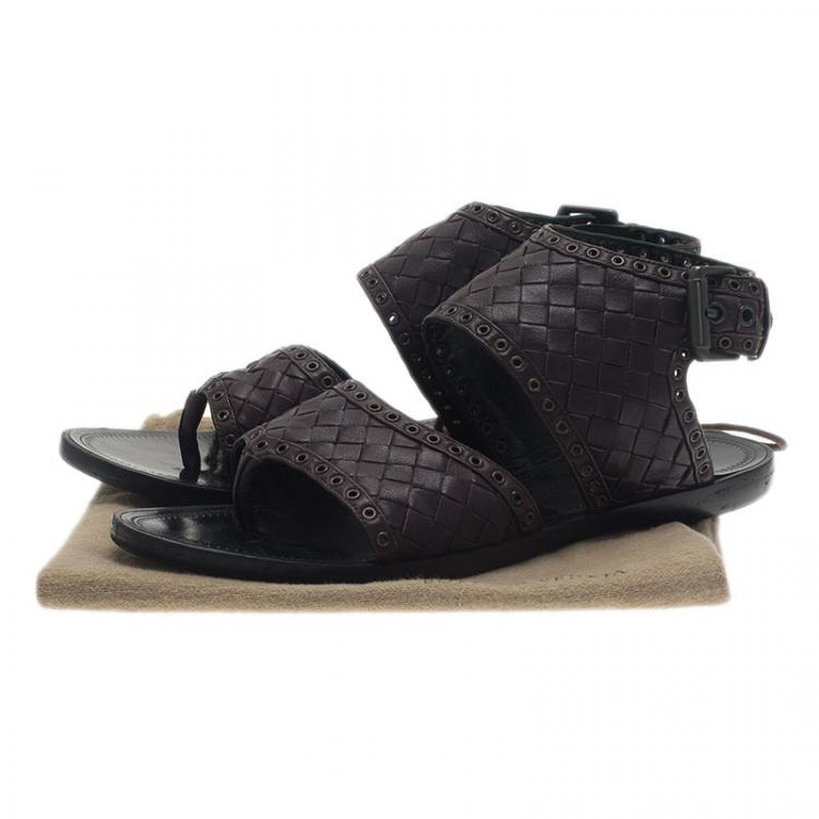 مملوكة مسبقًا Bottega Veneta Brown Intrecciato Leather Buckle Sandals Size 36.5 