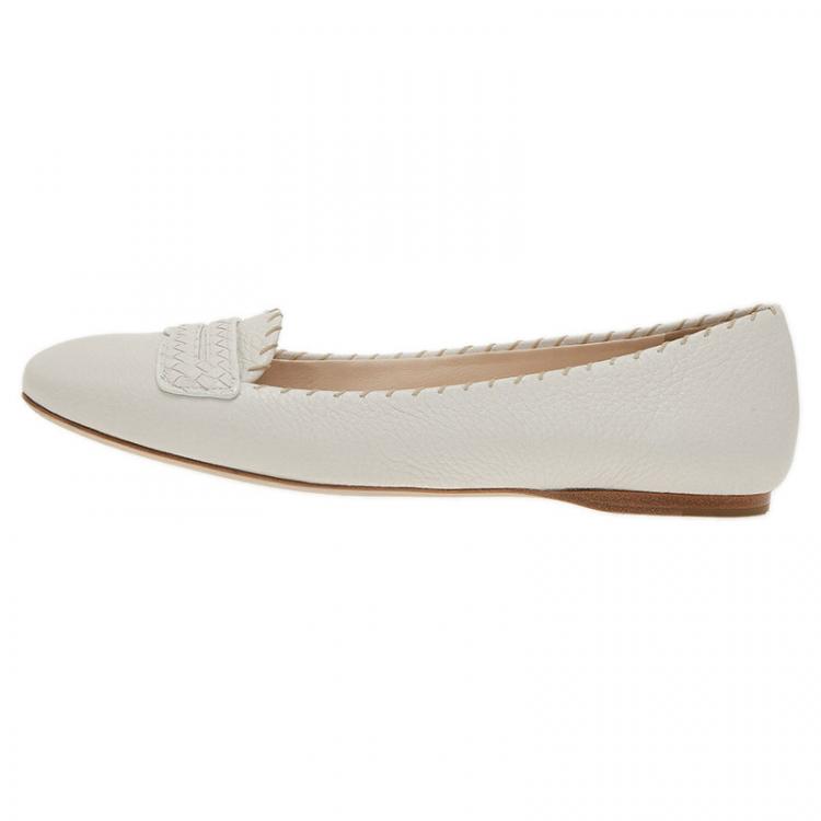 Pre Owned Bottega Veneta White Leather Ballet Flats Size 39.5
