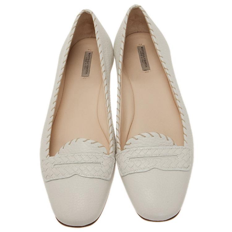 Pre Owned Bottega Veneta White Leather Ballet Flats Size 39.5