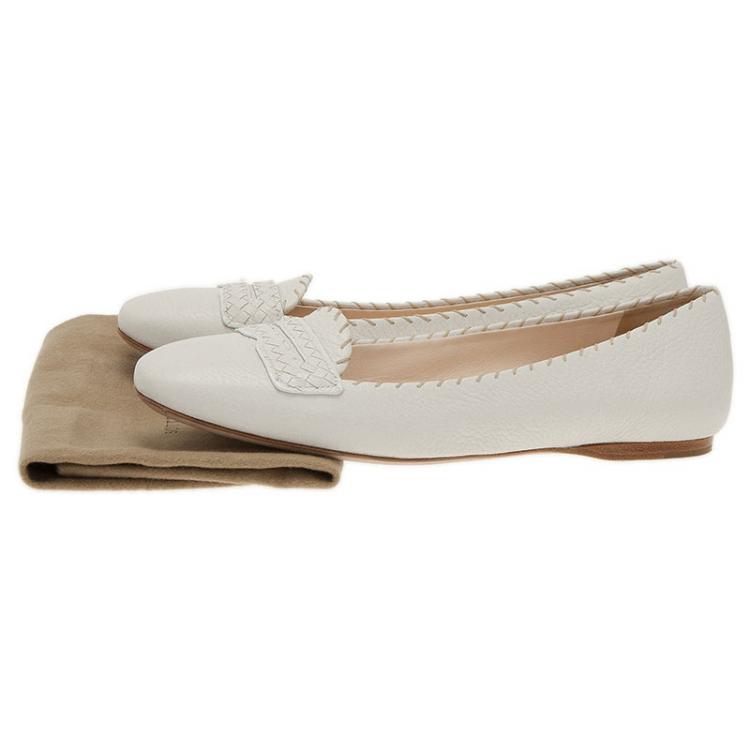 Pre Owned Bottega Veneta White Leather Ballet Flats Size 39.5