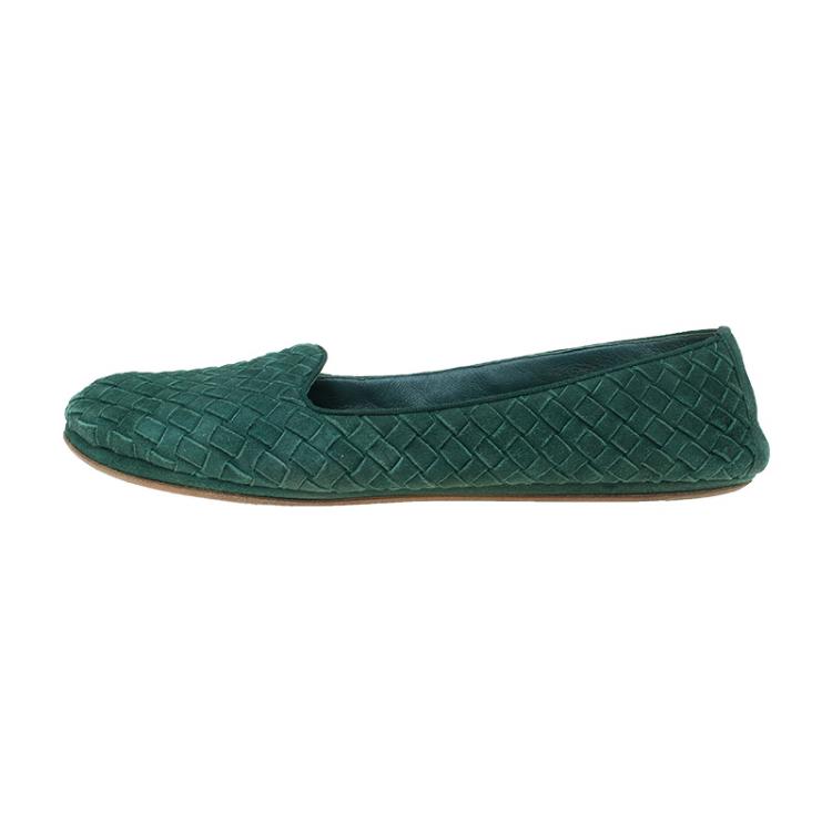 Pre Owned Bottega Veneta Green Intrecciato Suede Carpet Slippers Size 39.5 
