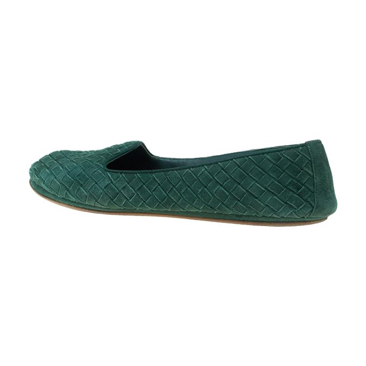 Pre Owned Bottega Veneta Green Intrecciato Suede Carpet Slippers Size 39.5 